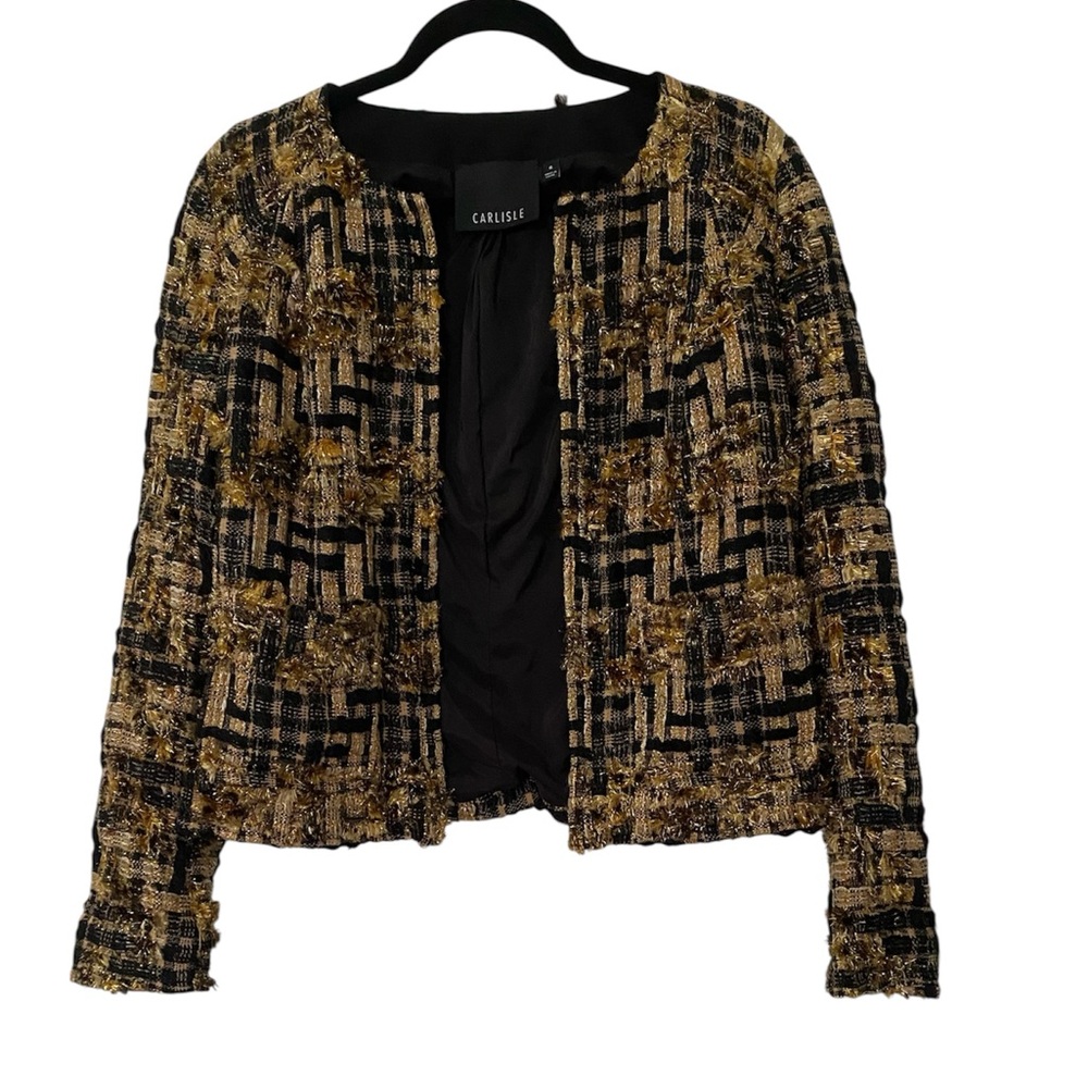 NWT Carlisle Women's Textured Black and Gold Tweed Metallic Blazer 6